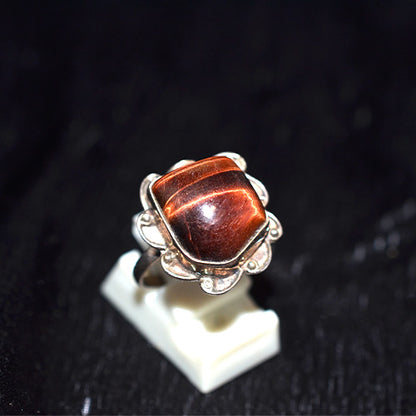 925 Sterling Silver Red Tiger's Eye Flower Setting Ring