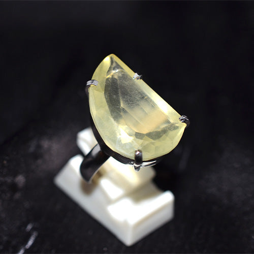 925 Sterling Silver Half Moon Lemon Quartz Contemporary Ring