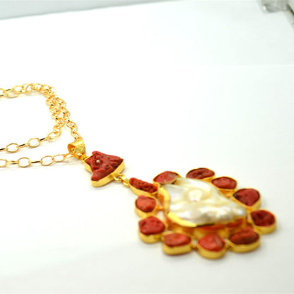 6 Carat Gold Plated Red Coral and Pearl Floral Pendant Necklace