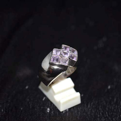 925 Sterling Silver Light Purple Gemstone Square Cluster Ring