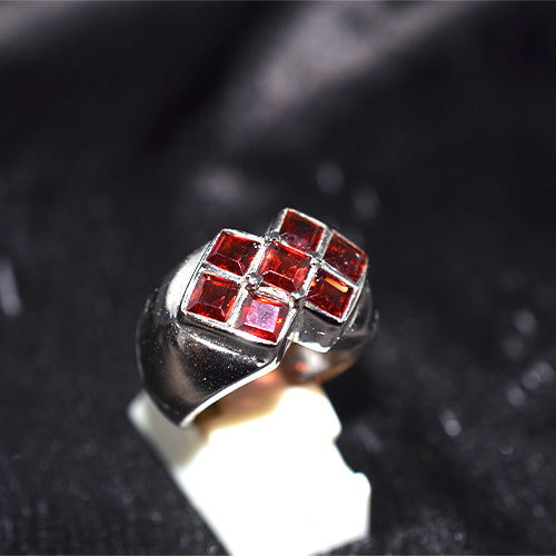 925 Sterling Silver Princess Cut Garnet Checkered Ring