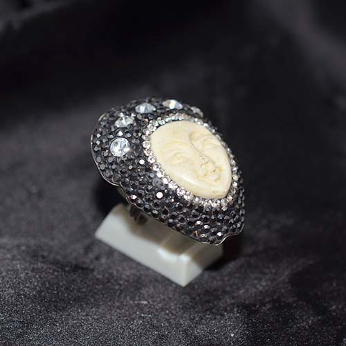 925 Sterling Silver Moon Face Crystal Pave Cocktail Ring