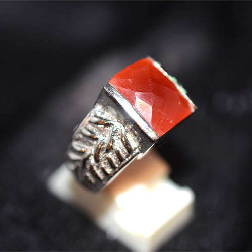 925 Sterling Silver Rectangle Carnelian Turkish Ring with Carved Shank
