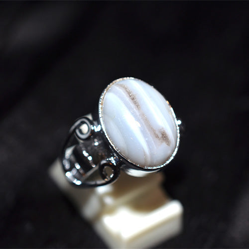 925 Sterling Silver Striped Agate Scrollwork Ring