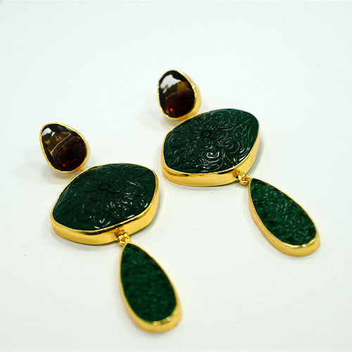 6 Carat Gold Plated Carved Green Gemstone Floral Drop Earrings