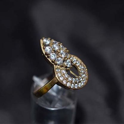 6 Carat Gold Plated White Crystal Marquise and Circle Ring