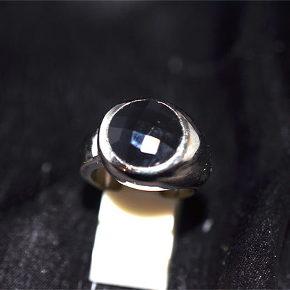 925 Sterling Silver Round Black Onyx Domed Bezel Ring