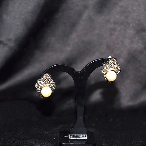 925 Sterling Silver Vintage Pearl and Marcasite Stud Earrings