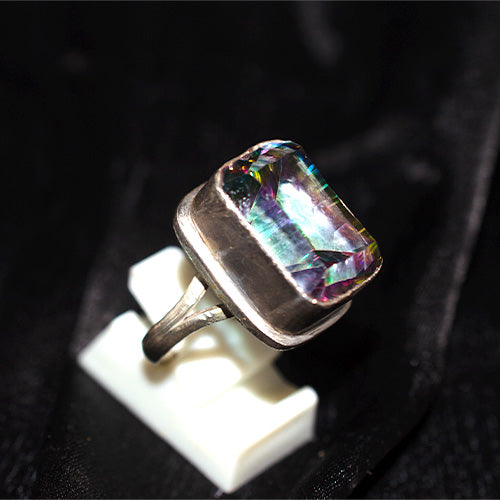 925 Sterling Silver Rectangle Cut Mystic Topaz Bezel Ring