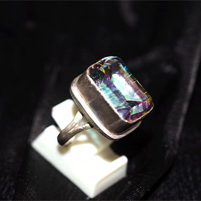 925 Sterling Silver Rectangle Cut Mystic Topaz Bezel Ring