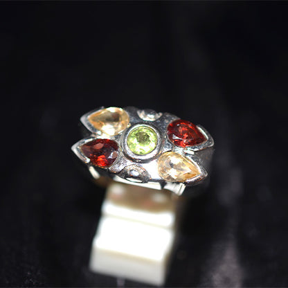 925 Sterling Silver Mixed Gemstone Floral Motif Ring