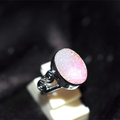 925 Sterling Silver Pink Druzy Scrollwork Ring