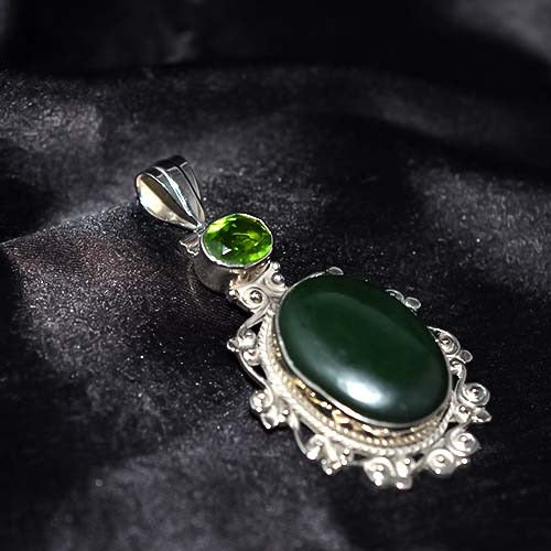 925 Sterling Silver Green Onyx Peridot Filigree Pendant