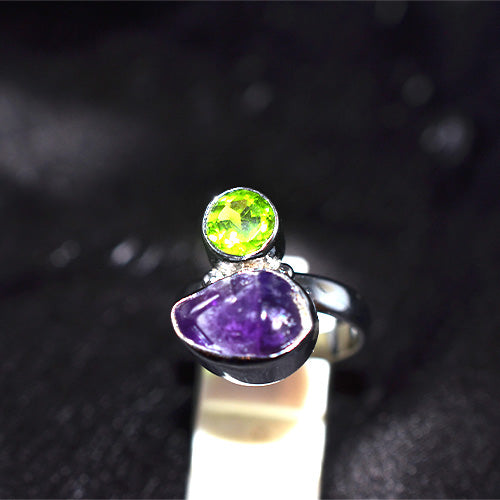 925 Sterling Silver Raw Amethyst and Peridot Two-Stone Ring