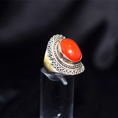 925 Sterling Silver Turkish Red Coral Ornate Ring