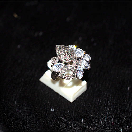 925 Sterling Silver Turkish Pear Marcasite and Marquise Crystal Bouquet Ring