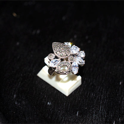 925 Sterling Silver Turkish Pear Marcasite and Marquise Crystal Bouquet Ring