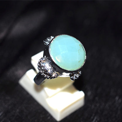 925 Sterling Silver Round Aqua Chalcedony Turkish Ring