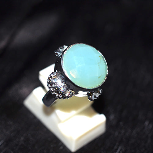 925 Sterling Silver Round Aqua Chalcedony Turkish Ring
