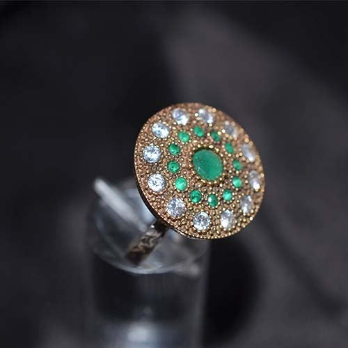 6 Carat Gold Plated Green and White Circular Mandala Ring