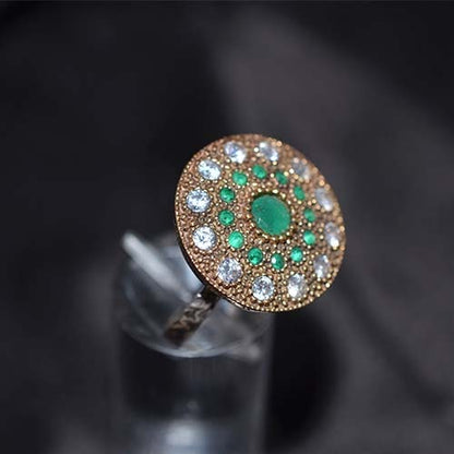6 Carat Gold Plated Green and White Circular Mandala Ring