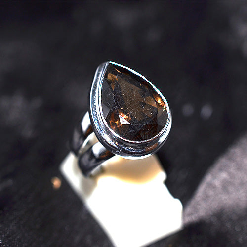925 Sterling Silver Pear Smoky Quartz Triple Band Ring