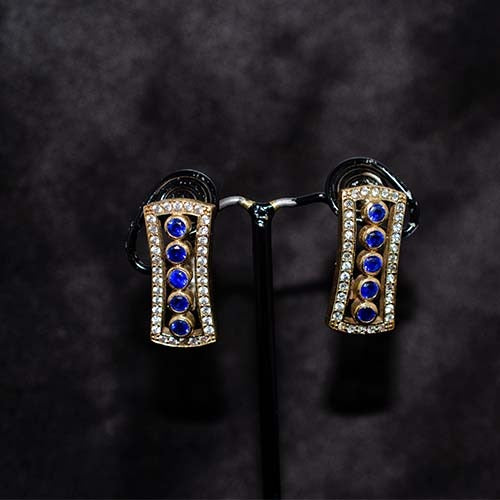 6 Carat Gold Plated Blue Sapphire and White Crystal Hoop Earrings