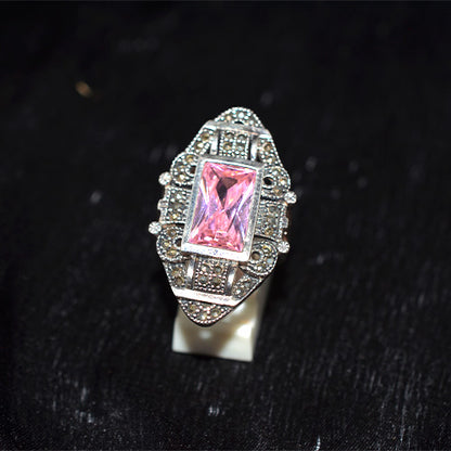 925 Sterling Silver Turkish Pink Crystal and Marcasite Art Deco Shield Ring