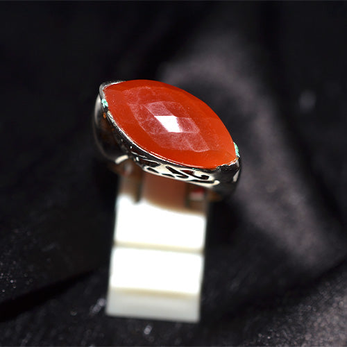 925 Sterling Silver Marquise Cut Carnelian Turkish Ring with Engraved Shank