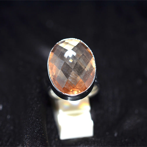925 Sterling Silver Round Checkerboard Peach Quartz Wide Band Ring
