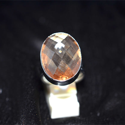 925 Sterling Silver Round Checkerboard Peach Quartz Wide Band Ring