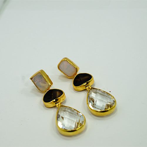 6 Carat Gold Plated Smoky Quartz and Crystal Teardrop Earrings