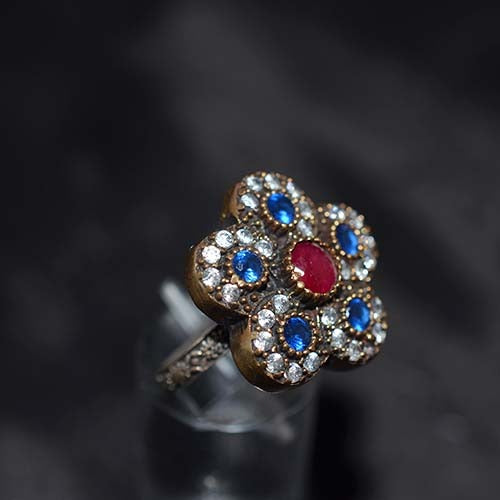 6 Carat Gold Plated Blue and Red Floral Cluster Ring
