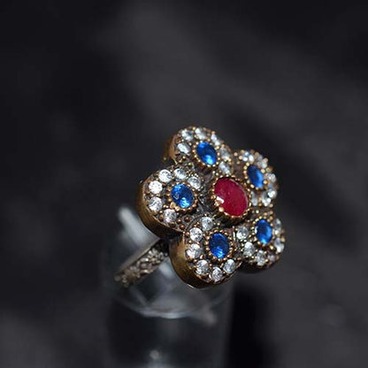 6 Carat Gold Plated Blue and Red Floral Cluster Ring