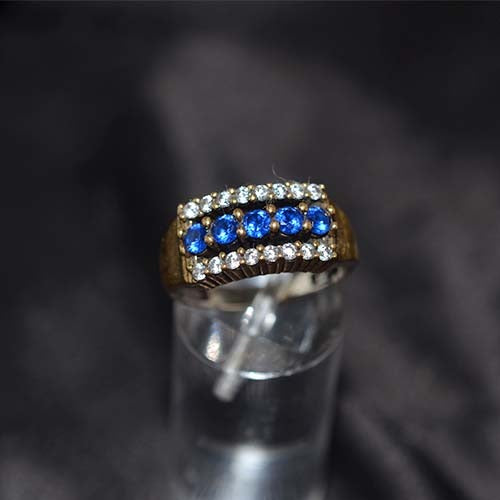 6 Carat Gold Plated Blue and White Triple Row Band Ring
