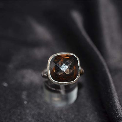 925 Sterling Silver Smoky Quartz Cushion Bezel Ring