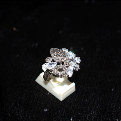 925 Sterling Silver Turkish Marcasite and Crystal Spray Motif Ring