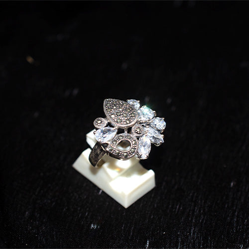 925 Sterling Silver Turkish Marcasite and Crystal Spray Motif Ring