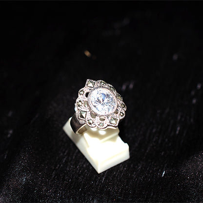 925 Sterling Silver Turkish Crystal and Marcasite Floral Halo Ring