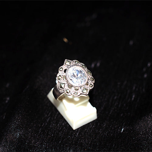 925 Sterling Silver Turkish Crystal and Marcasite Floral Halo Ring