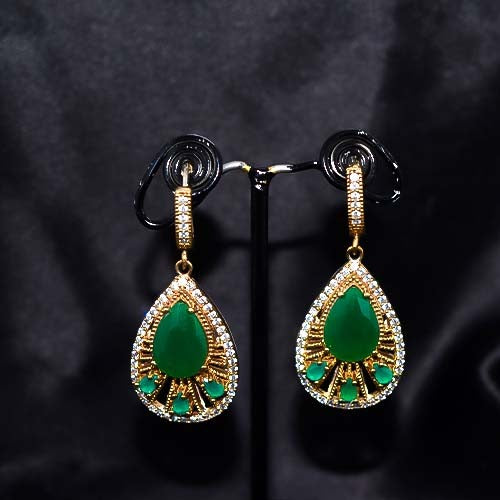 6 Carat Gold Plated Green and White Crystal Teardrop Earrings