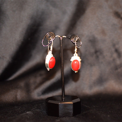 925 Sterling Silver Turkish Oval Red Coral Drop Earrings