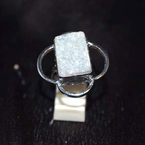925 Sterling Silver Rectangular Green Druzy Flower Ring