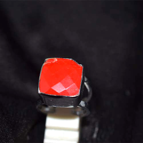 925 Sterling Silver Cushion Cut Red Coral Ring