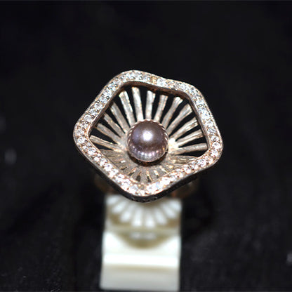 925 Sterling Silver Black Pearl Sunburst Cage Ring