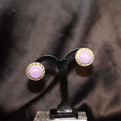 6 Carat Gold Plated Round Lavender Jade Stud Earrings
