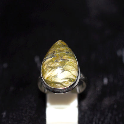 925 Sterling Silver Teardrop Green Veined Jasper Ring