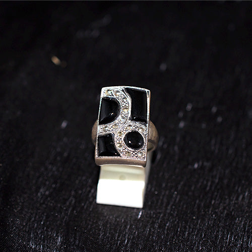 925 Sterling Silver Turkish Black Onyx and Marcasite Art Deco Style Ring
