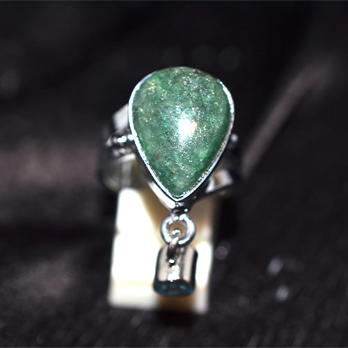 925 Sterling Silver Pear-Shaped Green Aventurine Ring with Dangle Charm