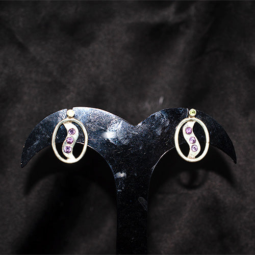 925 Sterling Silver Oval Amethyst Wave Design Stud Earrings